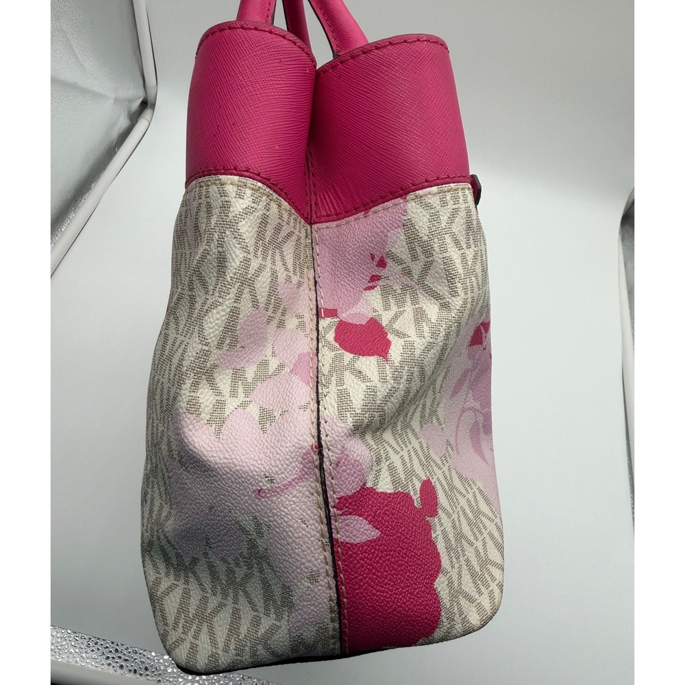 Michael Kors Pink Floral Signature Logo Satchel Handbag Gold Tone Hardware - Picture 5 of 8